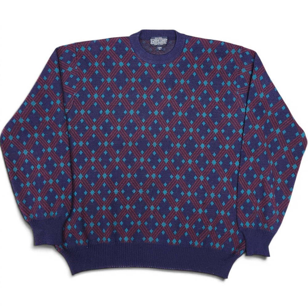Vintage Lands End 100% Wool Geometric Oversized Sweater Navy Made in Italy XL
